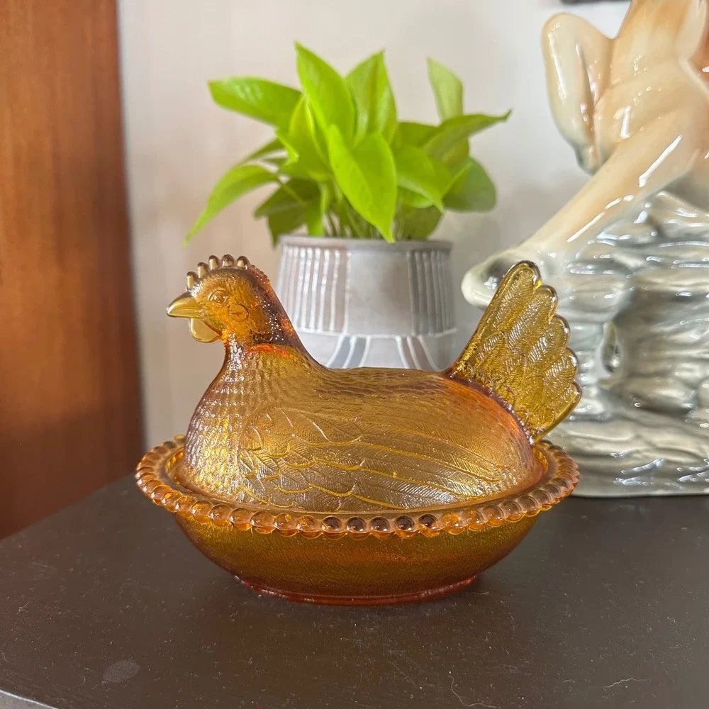 VTG Amber Glass Hen on Nest Covered Dish Beaded Rim Candy Dish Farmhouse Decor